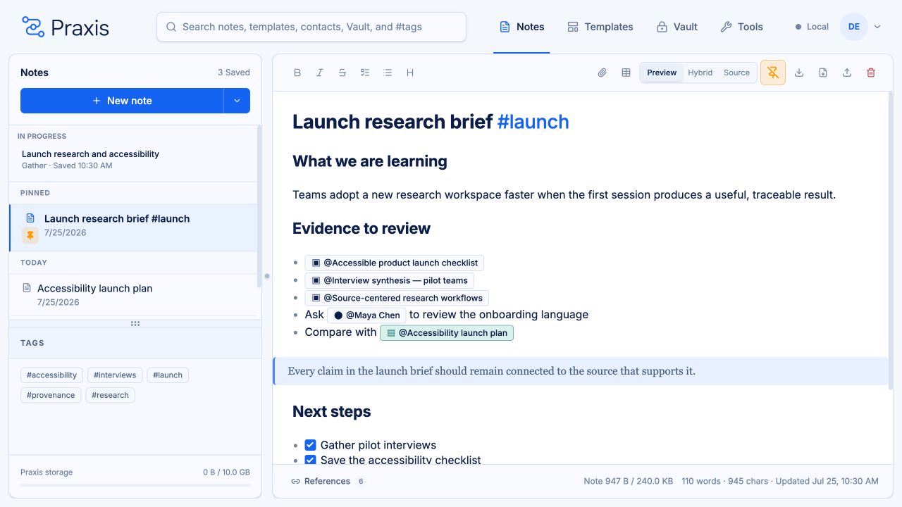 The Praxis desktop workspace in light mode, showing a launch research note with linked Vault items, a contact, another note, checklists, and tags.