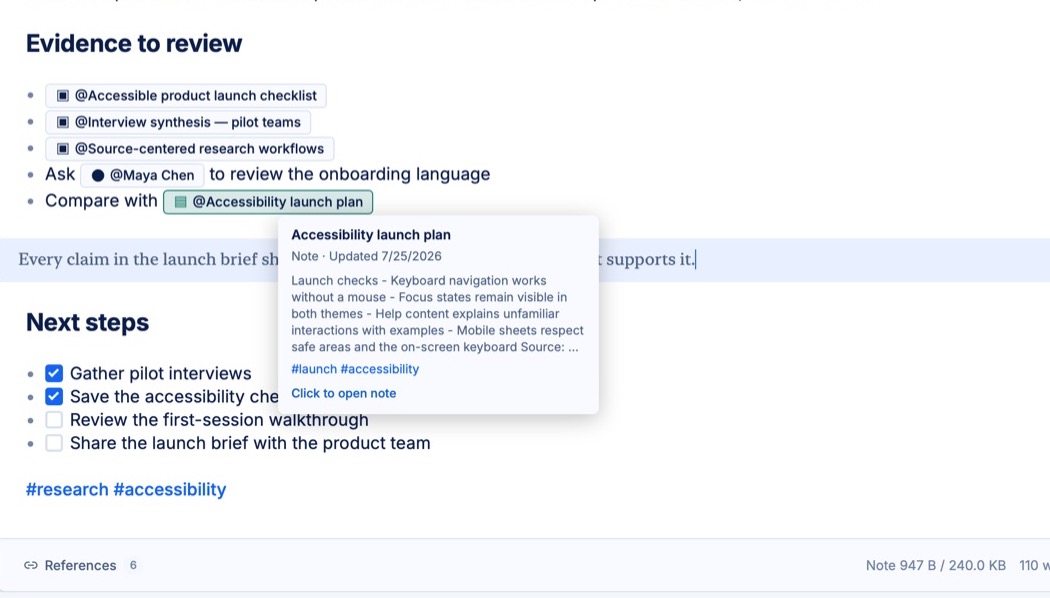 A Praxis note with linked Vault items, a contact, another note, and a hover preview for the Accessibility launch plan showing its excerpt, hashtags, and open action.