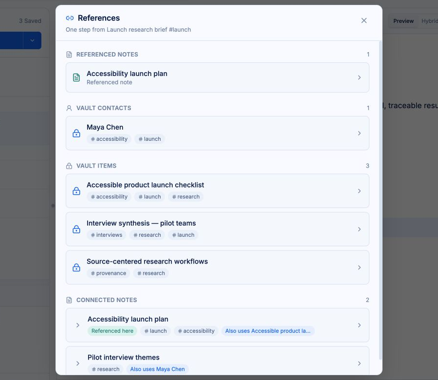 The References view for a note in Praxis, listing referenced notes, Vault contacts, Vault items, and connected notes one step away.