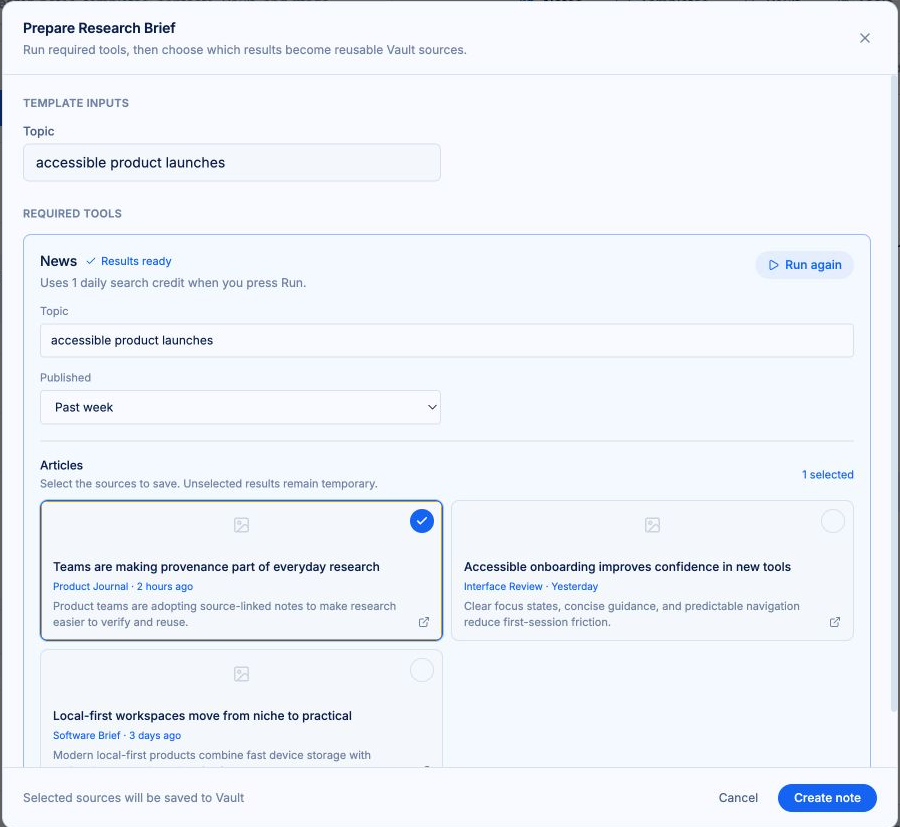 The Research Brief template preflight with a topic input, required News settings, selectable result cards, and the enabled Create note action.