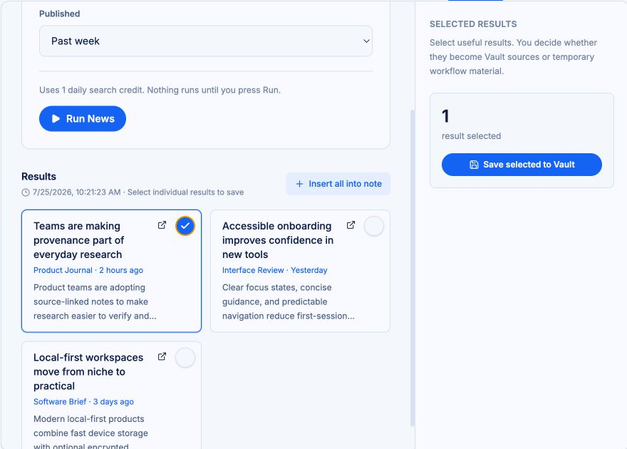 The News tool with an accessible product launches topic, recent reporting cards, one selected result, and Save selected to Vault enabled.