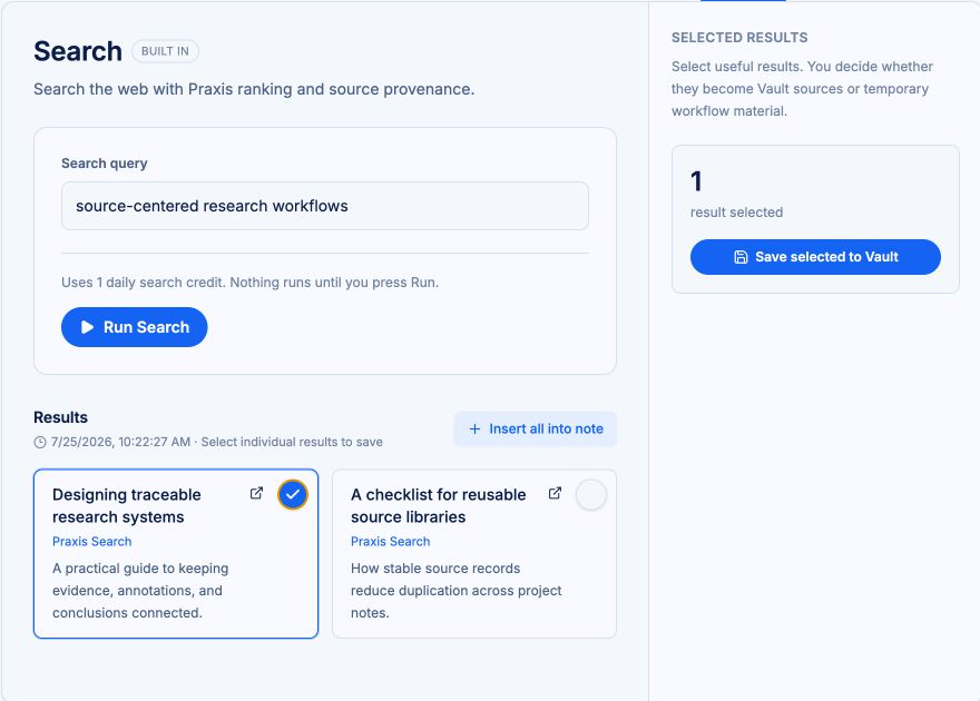 The Search tool with a source-centered research workflows query, ranked web results, one selected result, and Save selected to Vault enabled.