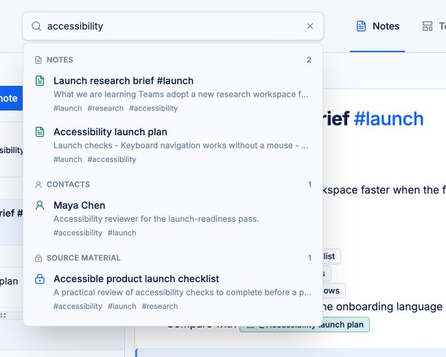 Universal search for accessibility, with grouped results from Notes, Contacts, and Source Material over the active Praxis note.
