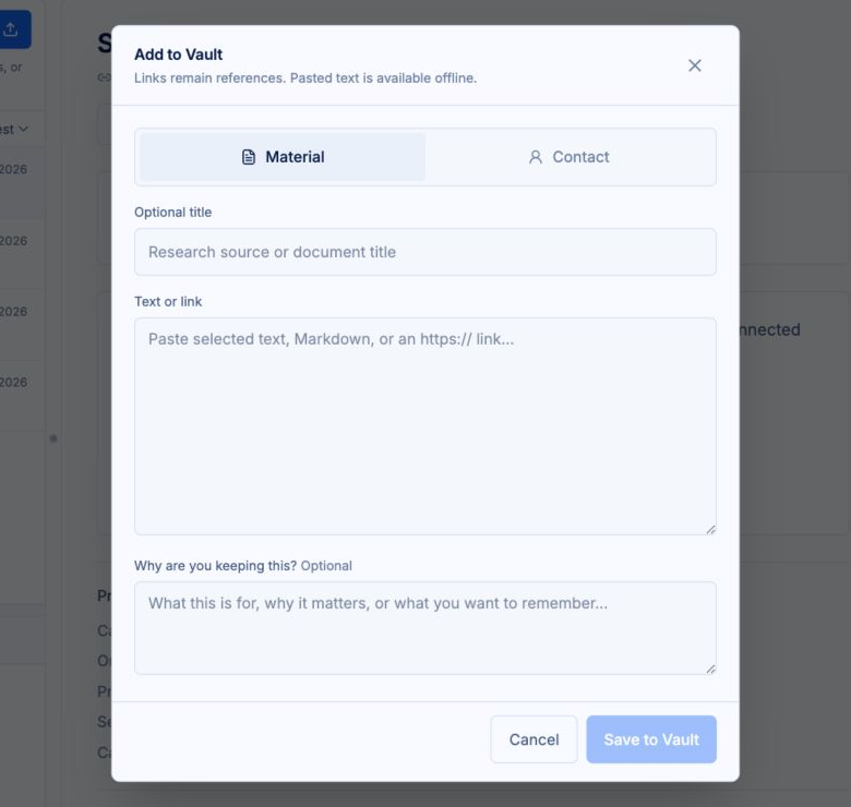 The Add to Vault dialog with Material and Contact choices, fields for a title, pasted text or link, and a note explaining why the item is being kept.