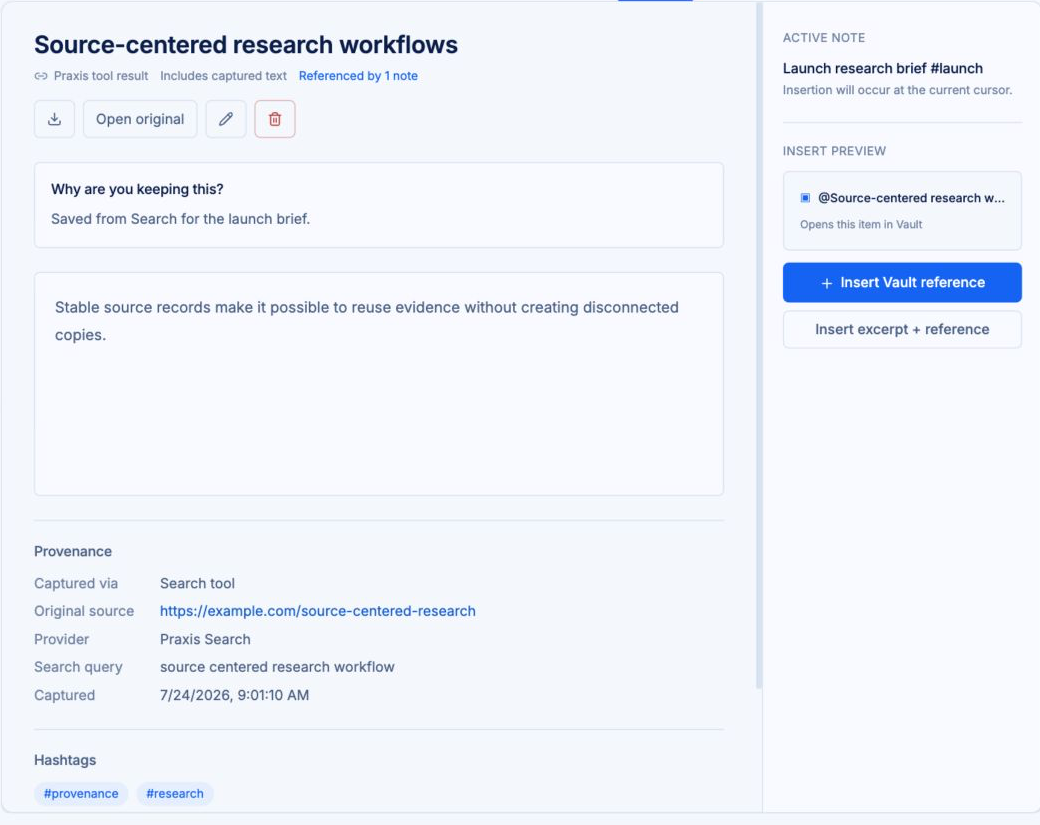 The Vault library with a saved Search result, document, contact, and captured link, alongside the selected result's source details and insertion actions.