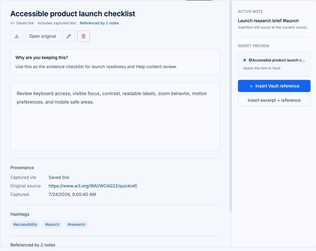 A saved accessibility checklist in the Vault, with captured text, its original W3C source, capture details, tags, and the notes that reference it.