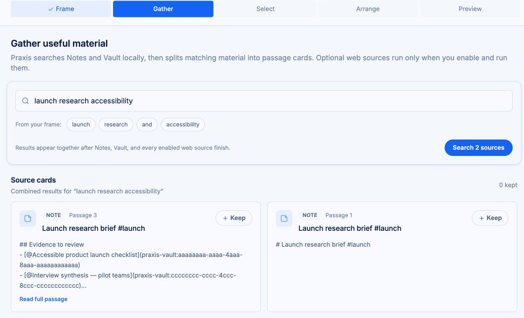 The Gather stage of a guided workflow, showing the five-stage progress bar, local query, source count, and passage cards from Notes and Vault.