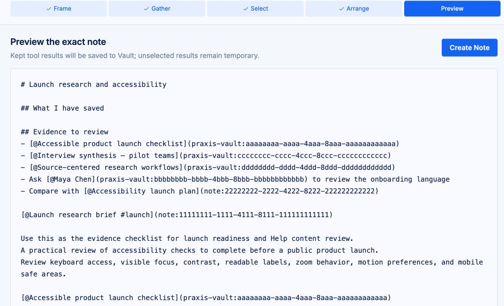 The Preview stage showing the exact Markdown note, its source references, and the Create Note action.